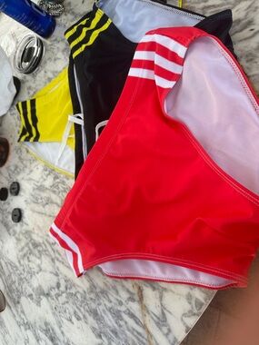 Red Striped Bikini Bottoms with White Trim